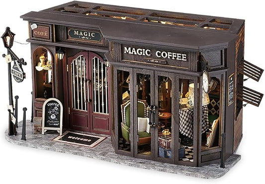TuKIIE DIY Miniature Dollhouse Kit with Furniture, 1:24 Scale Creative Room Opened & Closed Wooden Doll House Plus Dust Proof for Kids Teens Adults(Vintage Coffee Shop)