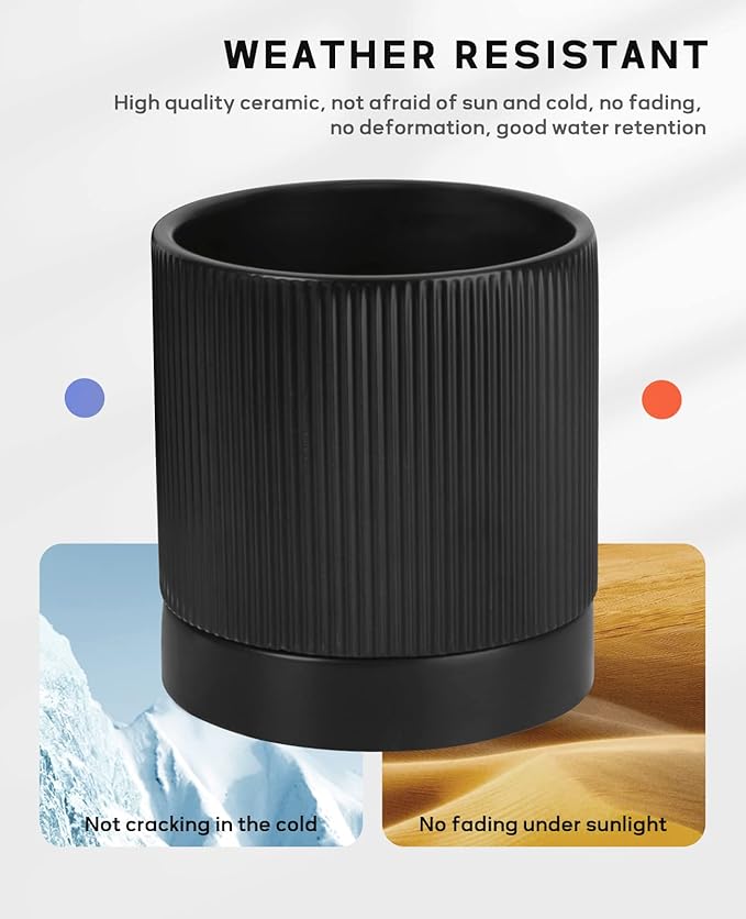 LaDoVita 3 Pack Ceramic Plant Pots 6/5/4 inch, Flowerpot for Indoor Plants with Drainage Holes and Tray, Outdoor Garden Planters, Modern Decorative for Home, Black Vertical Stripes