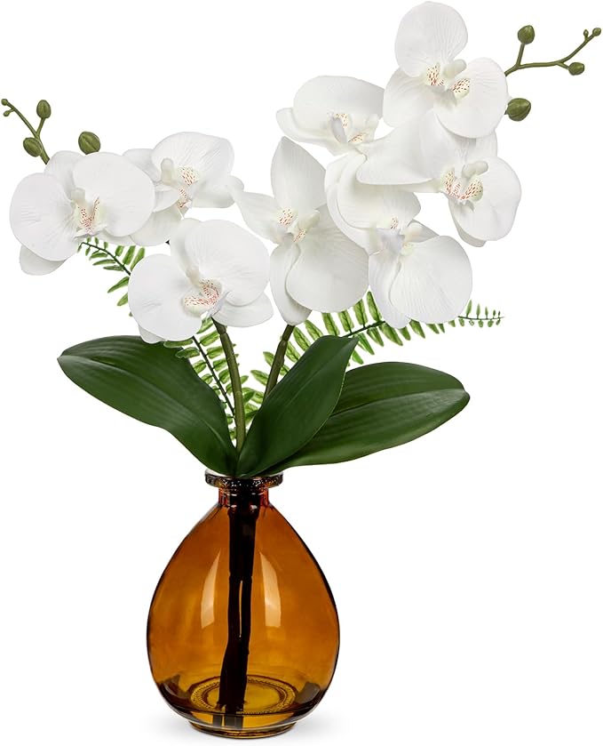 White Orchids Artificial Flowers, Faux Orchid in Glass Vase Real Touch Small Phalaenopsis Orchid Flowers Arrangements with Amber Vase Orchid Centerpiece for Dining Room Table