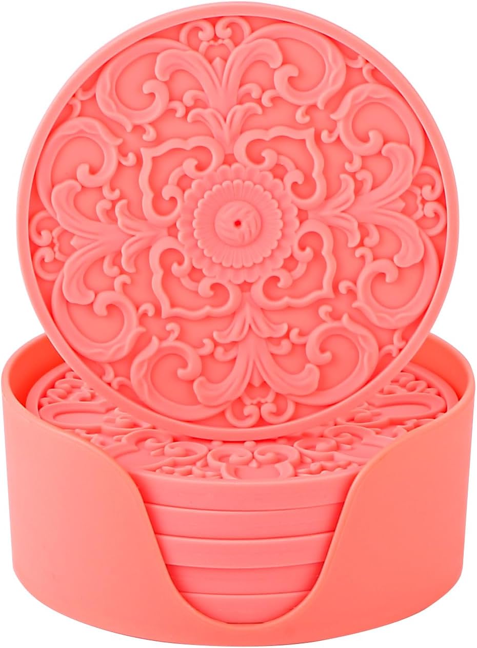Colinda Silicone Coasters - Set of 6 with Holder, Non-Slip Cup Mats for Hot and Cold Drinks, Decorative Designs, Gift Ready Packaging, Coral Pink