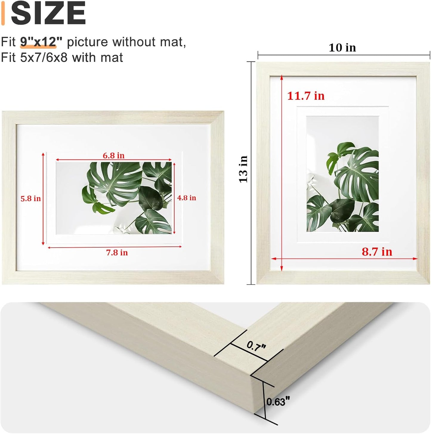Egofine 9x12 Picture Frames Set of 4, Made of Solid Wood Covered by Plexiglass 5x7 and 6x8 with Mat or 9x12 without Mat, for Table Top Display and Wall Mounting Photo Frame Beige