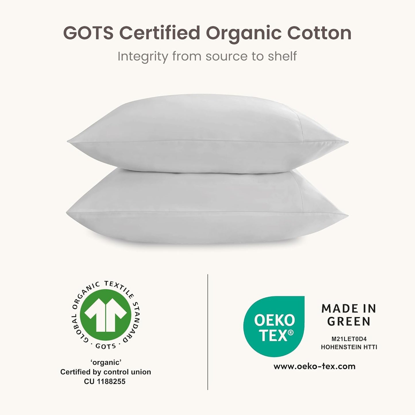 Bioweaves 100% Organic Cotton Envelope Pillow Cases 300 Thread Count Soft Sateen Weave GOTS Certified – 20 X 37, Set of 2, Glacier Grey