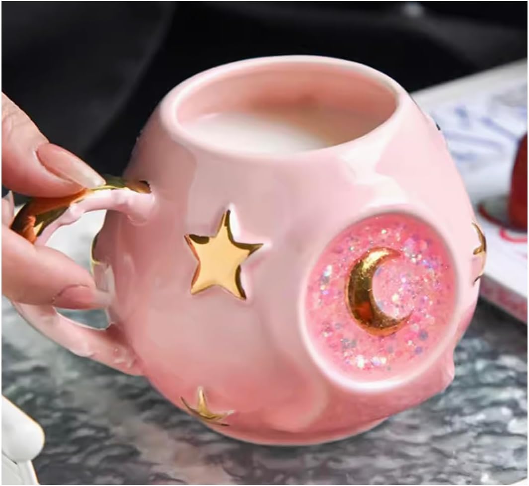 Handmade Coffee Cup 400ML with Fancy Tarot Star/Moon Design, Fashion Starry Sky Ice Coffee Cup, Gradient Pink Pottery Tea Cup for Home/Office (pink)