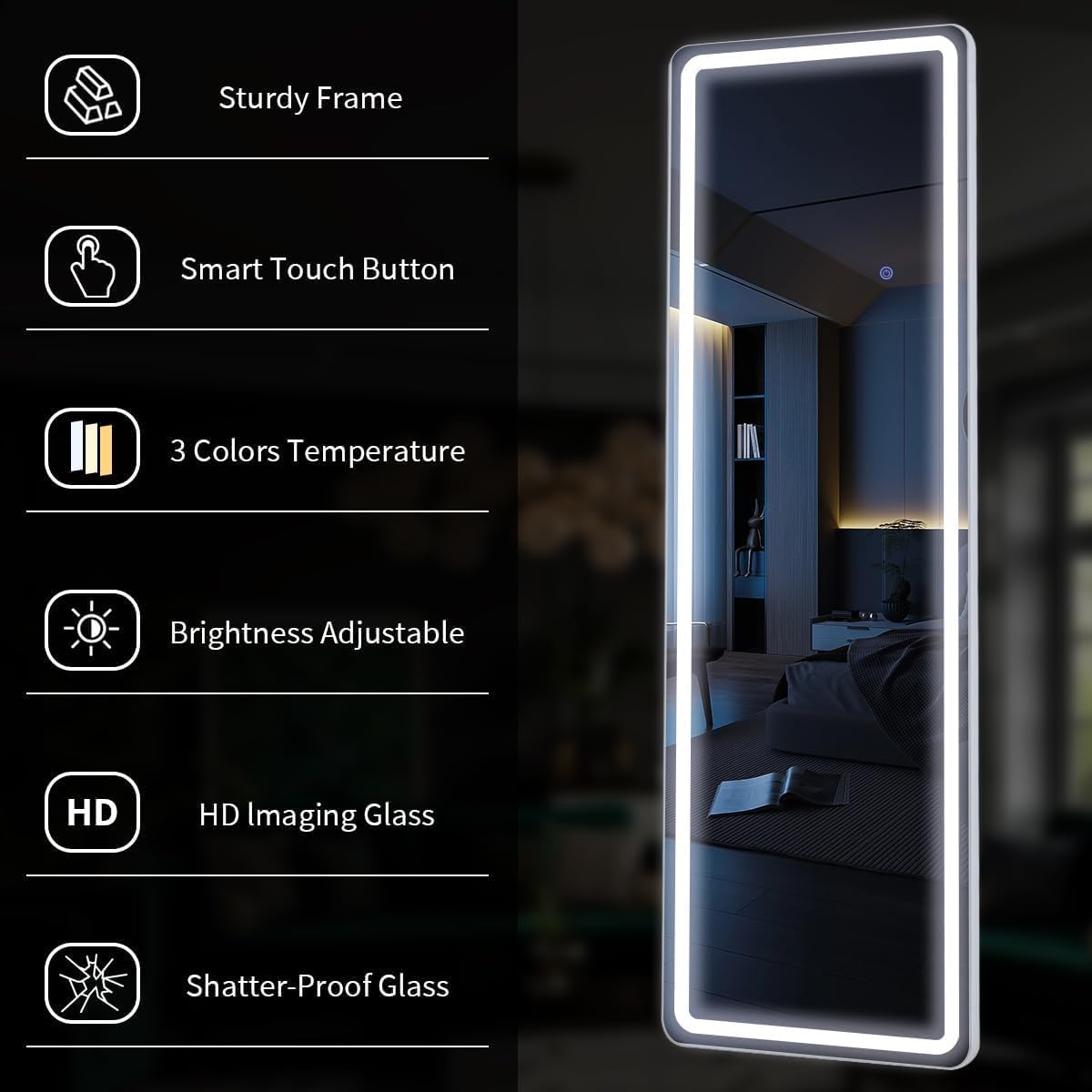 Full Length Mirror with LED Lights, 60"x16"Floor Mirror with Dimming & 3 Color Lighting, Free Standing Floor Mirrors, Lighted Full Body Mirrors for Bedroom, Dressing Room, Cloakroom