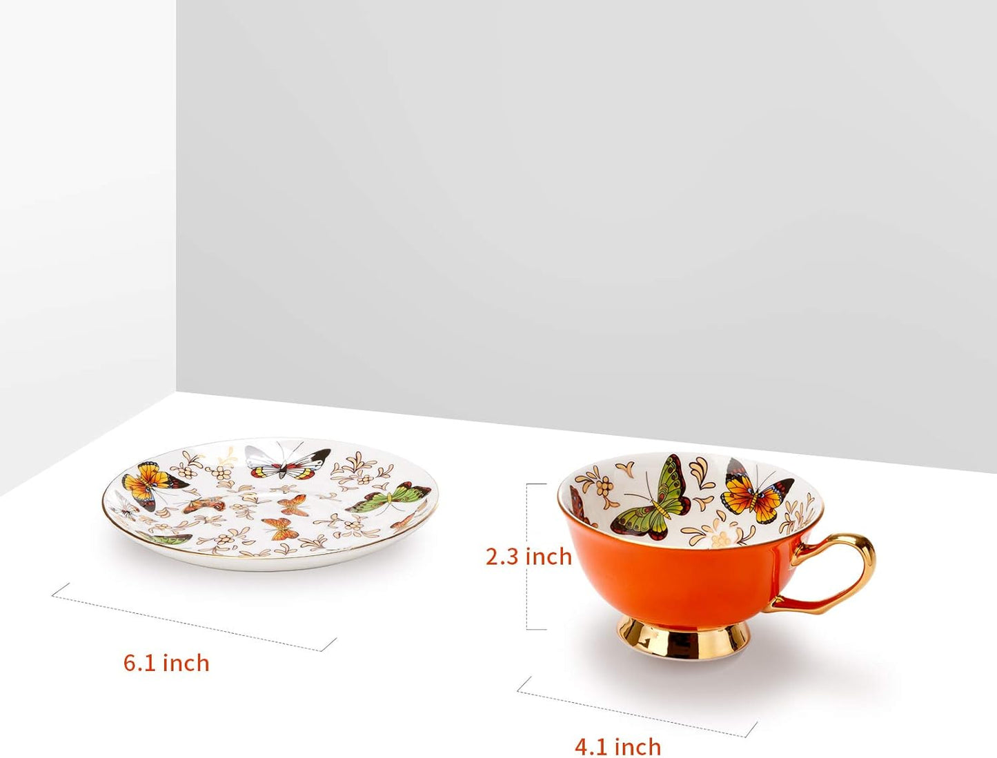 LURRIER Coffee Cup Mug with Saucer for Latte, Cappuccino Tea with Butterflies 6.8 Oz Fine Bone China, Dishwasher Safe, Reactive Glaze, 1 Pcs