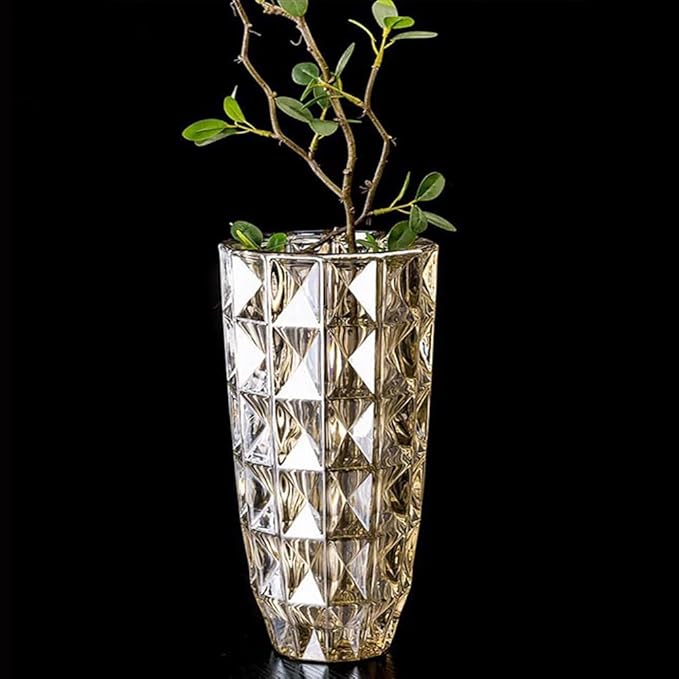 Unique Diamond-Shaped Amber Color Glass Flower Vase 11.8" Tall for Home Decor, Dining Wedding Table Office Holiday Party Centerpiece Decoration.