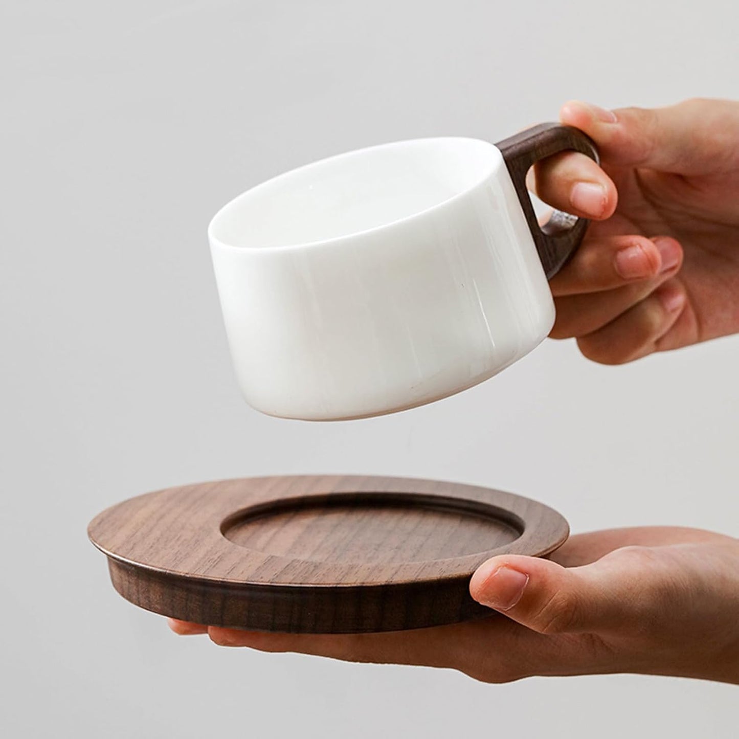 GLLead White Tea Cup and Saucer Set Ceramic Espresso Coffee Cup with Wooden Plate Stainless Spoon 6oz Set of 1 (GL-CS01)