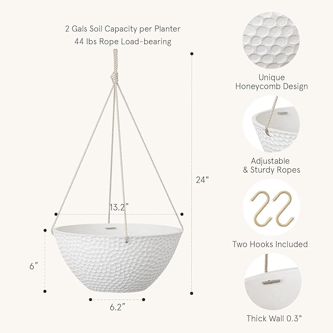 LA JOLIE MUSE Hanging Planters for Outdoor Plants, Large Hanging Planter with Drain Holes, Outdoor Hanging Flower Pots, White Stone, Honeycomb (13.2 Inch, Set of 2)