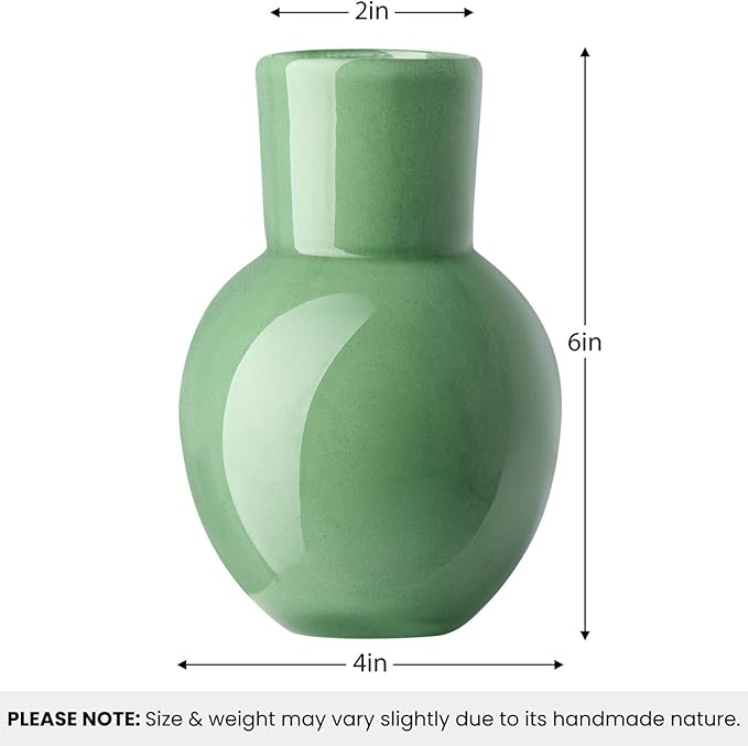 Torre & Tagus 6" Mouth Blown Art Glass Vase for Flowers - Opaque Green Small Table Vase & Handmade Small Green Accent for Boho Home Decor, Neutral Bud Vases as Decorative Shelf Decor or Wedding