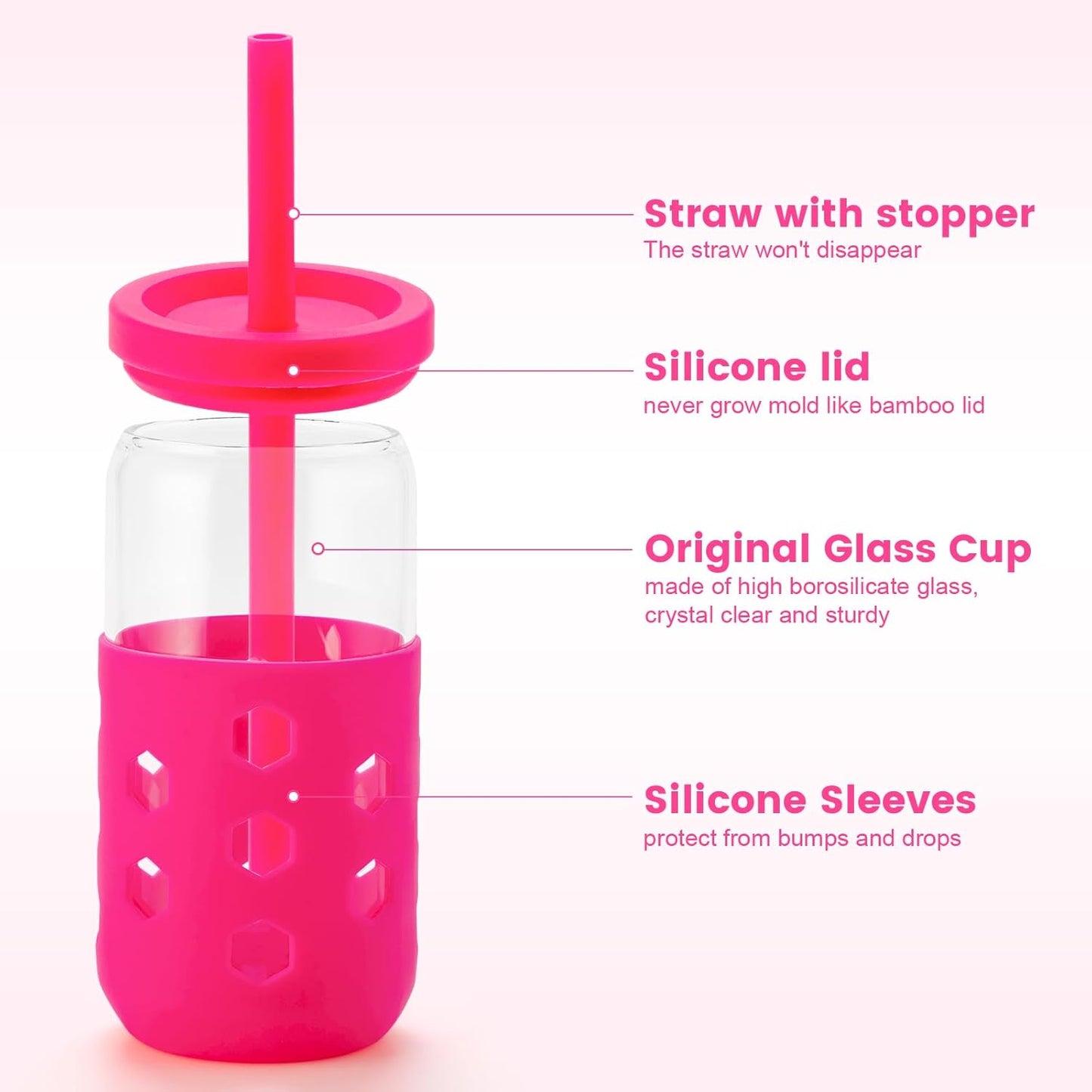 Glass Cups with Silicone Lids and Straws (4 Pcs), 16oz Drinking Glasses Set with Silicone Sleeves for Coffee Bar Accessories Iced Coffee Cups with Lids, Glass Tumbler Reusable for Gifts