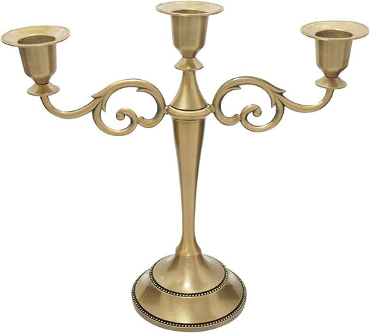 3 Candle Metal Candelabra – Candlesticks Holder for Formal Events, Wedding, Church, Holiday Décor, Halloween – Taper Candle Holder Stand Centerpiece Elegant Decoration Piece for Table,Brass