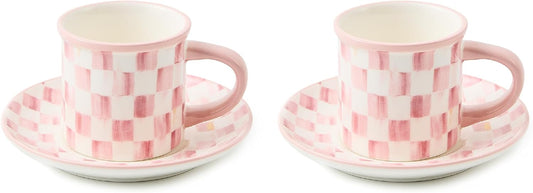 MACKENZIE-CHILDS Set of 2 Stoneware Espresso Cup and Saucer, Cute Coffee Cups, Pink-and-White Rosy Check
