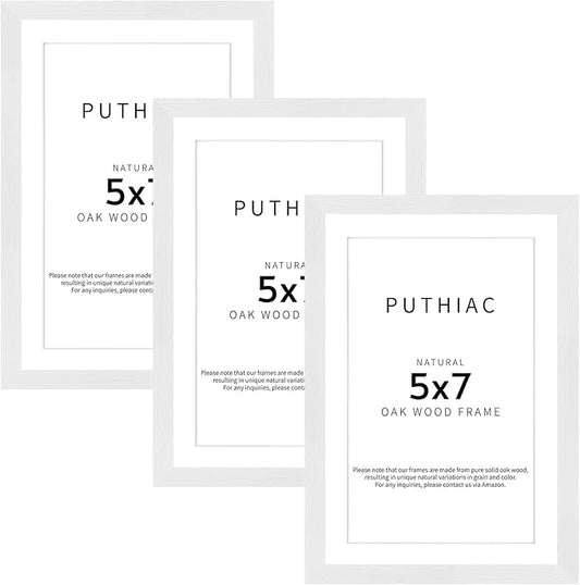5x7 Oak Wood Picture Frame - Minimalist 5x7 Picture Frame, 5"x7" Frame Wood, Natural Solid Wooden Picture Frames for Wall Art Photo and Prints(3 Pack, White)