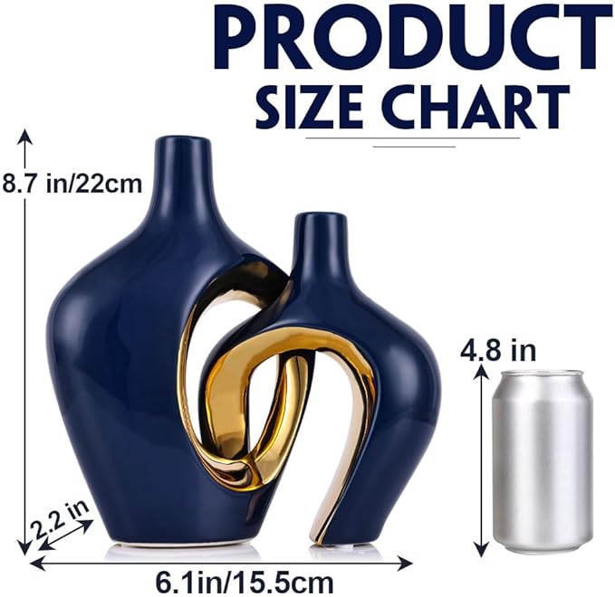 Blue Hollow Ceramic Vases Set of 2 - Modern Nordic Boho ins Style Vases for Decor, Decorative Pampas Grass Flower Vases for Wedding, Living Room, Office, Entrance, Dining Table Decor Centerpieces