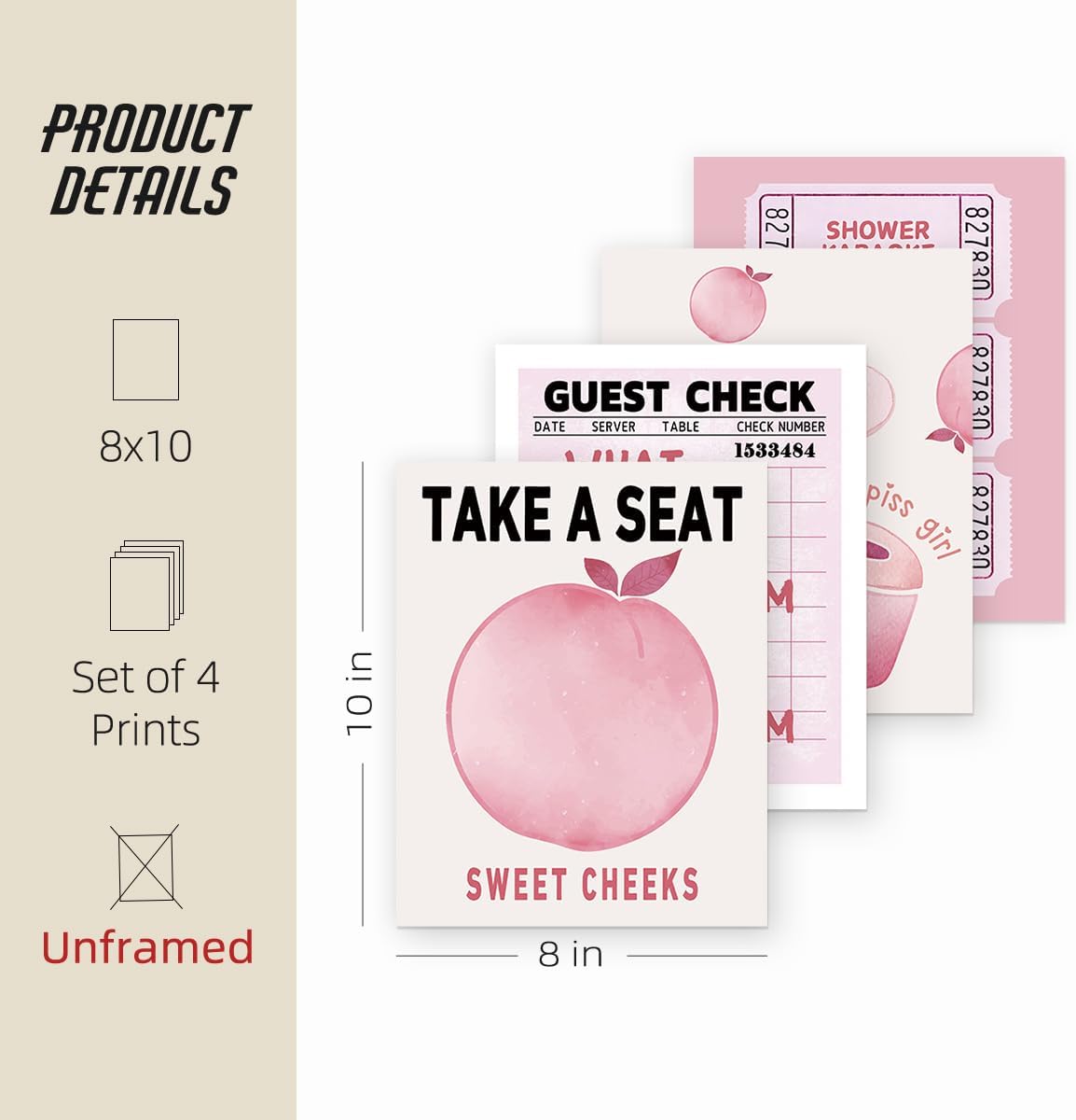 ETVISO Funny Pink Girls Peach Bathroom Decor Wall Art Posters Set of 4, Funny Pink Cute Shower Karaoke Ticket Guest Check Wall Decor for Girls Bathroom Washroom Restroom Toilet, 8x10 Inch (Unframed)