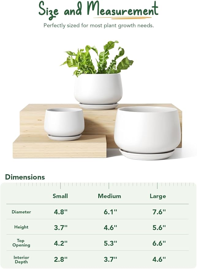 LE TAUCI Ceramic Plant Pots, 4.1+5.1+6.5 inch, Set of 3, Planters with Drainage Hole and Saucer, Indoor Flower Pot with Hole Mesh Pad, Gifts for Mom, White
