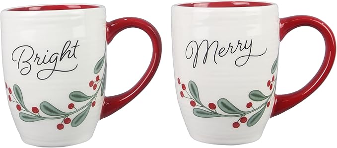 Young’s Inc Ceramic Mugs for Christmas, Christmas Mugs Set of 2, Merry and Bright Joyful Texts, Hot Chocolate Mugs, Latte Mugs, Coffee Cup Set, Kitchen Décor, Christmas Decor