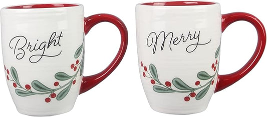 Young’s Inc Ceramic Mugs for Christmas, Christmas Mugs Set of 2, Merry and Bright Joyful Texts, Hot Chocolate Mugs, Latte Mugs, Coffee Cup Set, Kitchen Décor, Christmas Decor