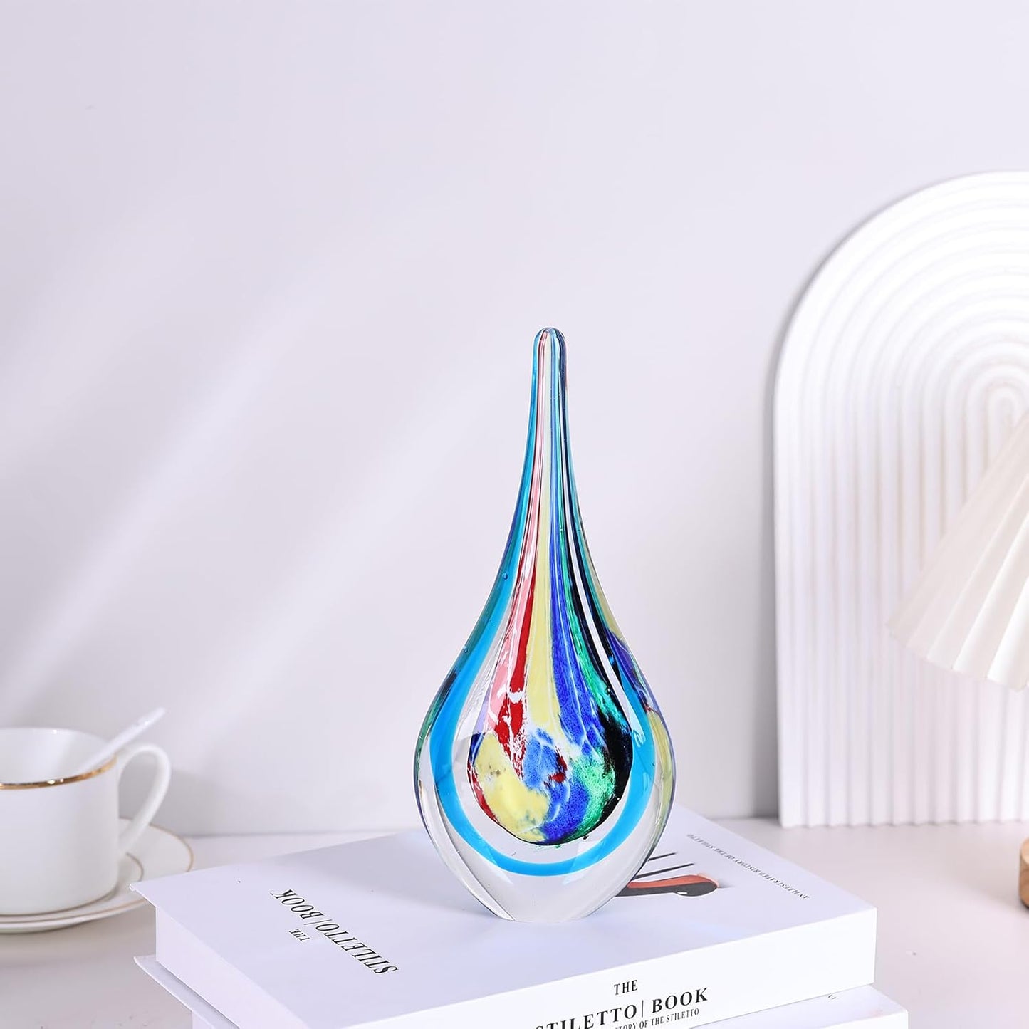 DOVDOV Blown Glass Sculpture, Stained Glass Art Teardrop Statue, Unique Ocean Theme Decoration for Office, Bookshelf, Dresser, Living Room Coffee Table, Fireplace countertop Decoration.