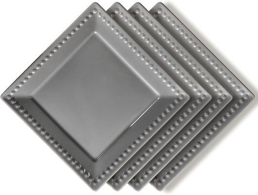 Embossed Appetizer and Dessert Plates, Set of 4, 6 inch Grey Square Dinner Plates for Snack and Restaurant, Dishwasher, Microwave Safe