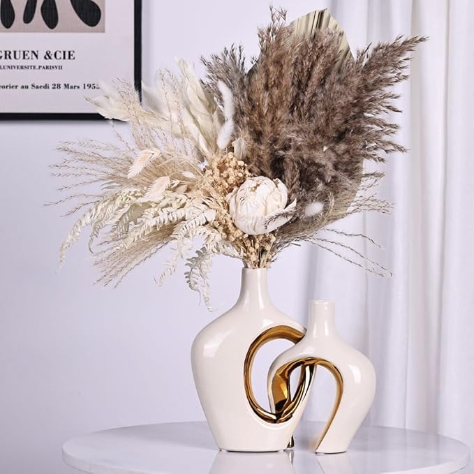 White and Gold Ceramic Vase Set of 2 - Nordic Boho Minimalist Design for Home Decor, Modern Donut & Hollow Style for Living Dining Room, Bedroom, Office - Decorative Pampas Grass &Flower Centerpiece