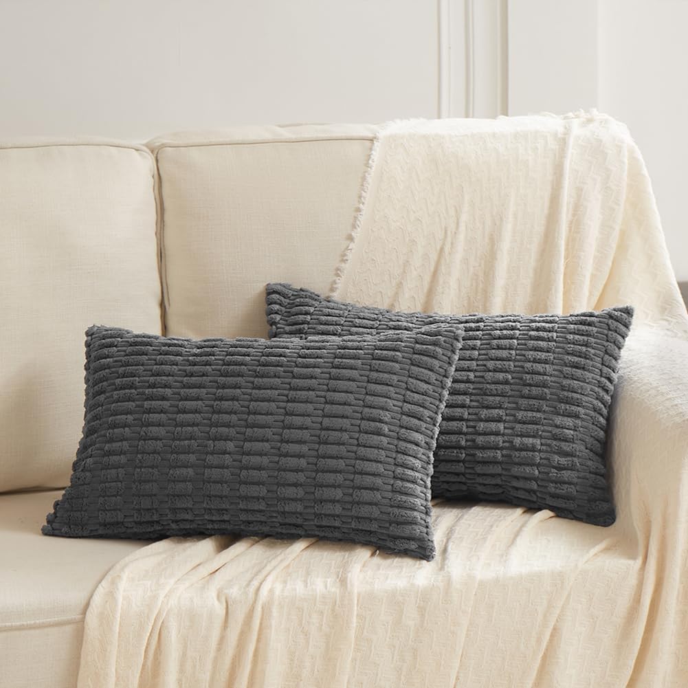 Fancy Homi Dark Grey Decorative Throw Pillow Covers 12x20 Inch for Living Room Couch Bed Sofa, Rustic Farmhouse Boho Home Decor, Soft Striped Corduroy Square Cushion Case 30x50 cm