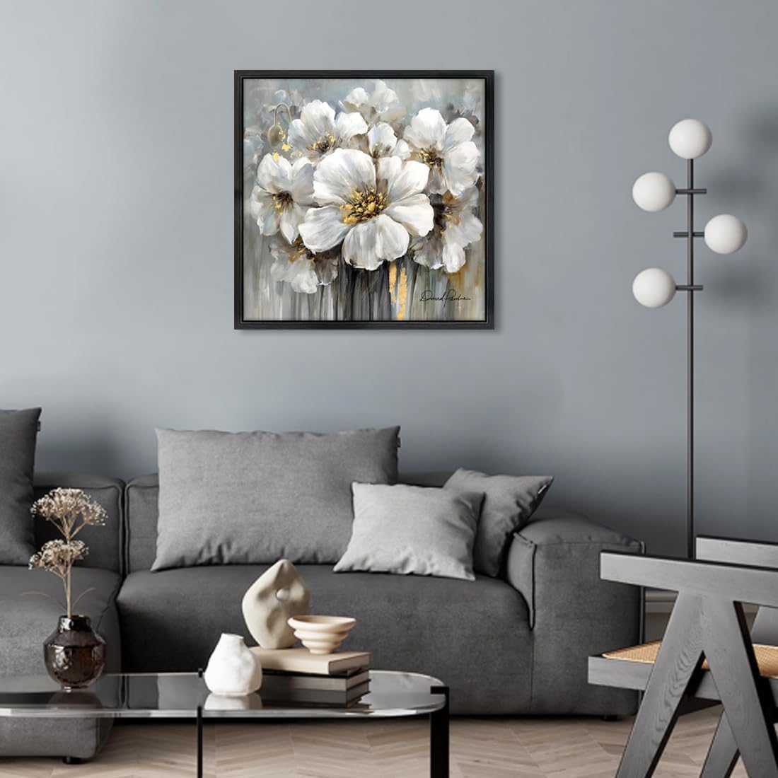 Living Room Flowers Wall Art White and Gray Floral Pictures with Gold on Canvas for Home Decor Framed 30" x 30", Solid Wood Framed