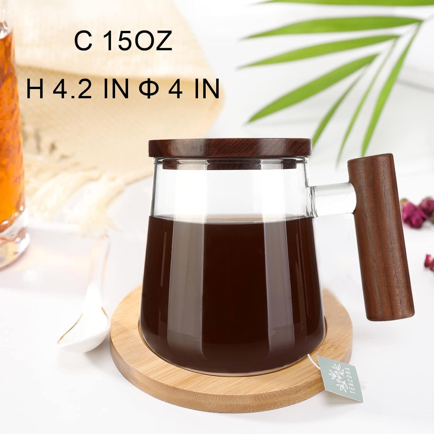 COMI Glass Coffee Mugs, Clear Coffee Mugs with Walnut Lid&Handle，Wide Mouth Extra Large Capacity Cup, Perfect for Latte, Mocha, Cappuccino, Tea and Juice, Microwave Safe(2PCS,15oz/450ml)