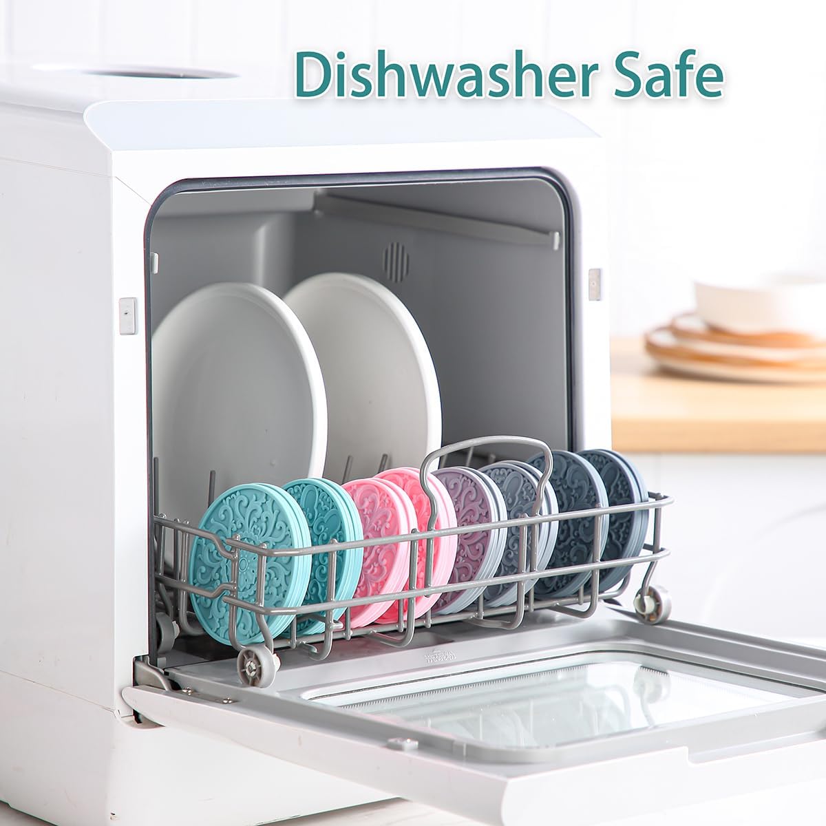 Colinda Silicone Coasters - Set of 6 with Holder, Non-Slip Cup Mats for Hot and Cold Drinks, Decorative Designs, Gift Ready Packaging, Coral Pink