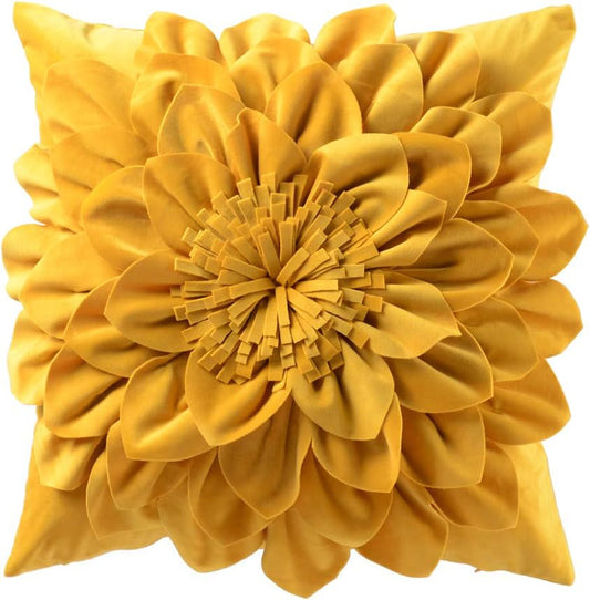 Decorative 3D Flower Throw Pillow Covers Soft Velvet Handmade Pillowcases Cushion Covers for Couch Bed Living Room Home Decor 18x18 Inch Yellow