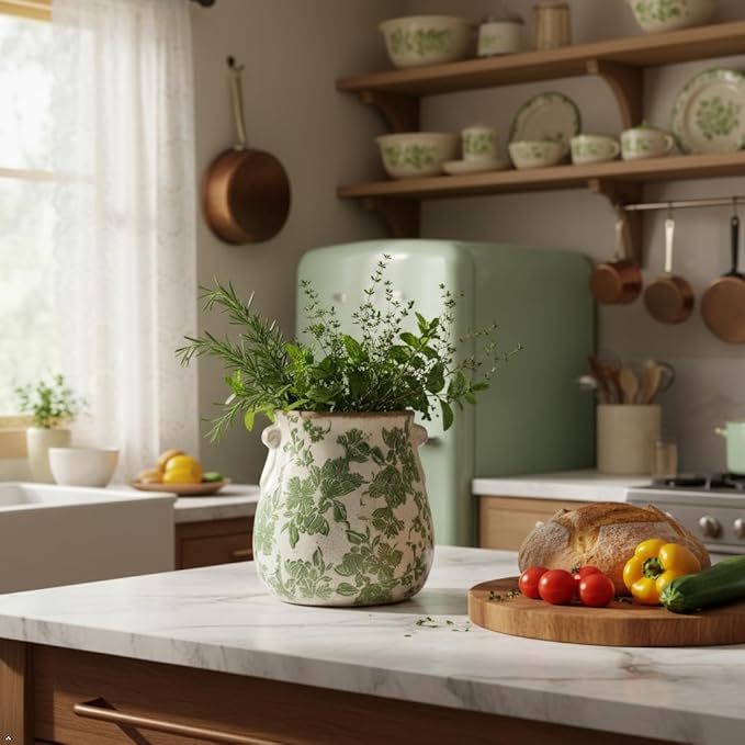 Vintage Ceramic Vase with Green Floral Pattern, White and Green, Crackle Glazed Finish, Decorative Garden Design (Large - Belly Jar with Drainage Hole)