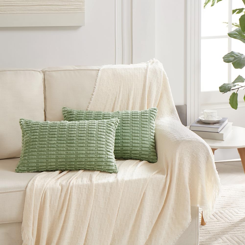 Fancy Homi Sage Green Lumbar Decorative Throw Pillow Covers 14x24 Inch for Living Room Couch Bed Sofa, Rustic Farmhouse Boho Home Decor, Soft Striped Corduroy Rectangle Cushion Case 35x60 cm