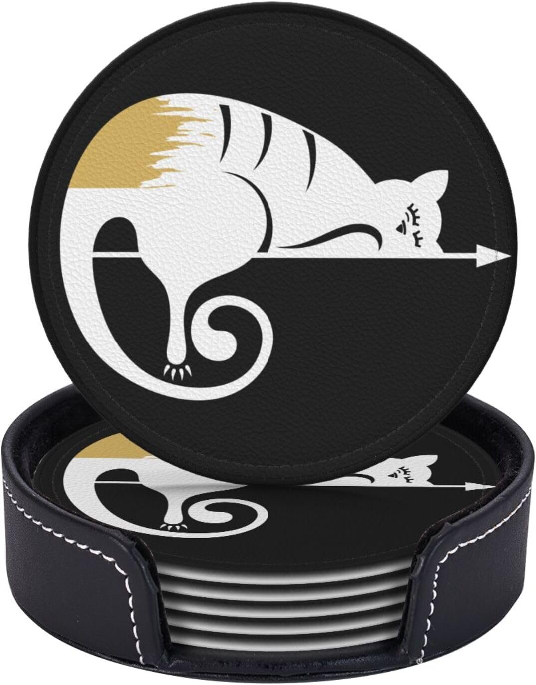 Funny Cat Print Leather Drink Coasters Set of 6 with Holder Round Cup Coaster for Table Decor