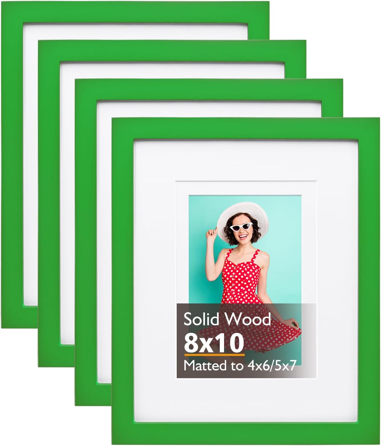 KINLINK 8x10 Picture Frame Grass Green, Solid Wood Frames with Acrylic Plexiglass for Pictures 4x6/5x7 with Mat or 8x10 without Mat, Tabletop and Wall Display Photo Frame, 4 Pack