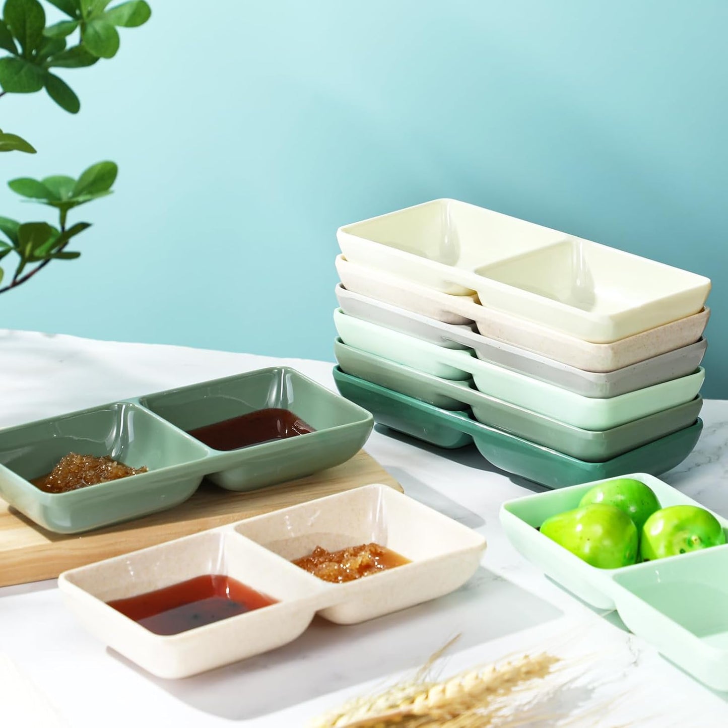 Gejoy 12 Pcs Dual Dipping Sauce Bowls Soy Sauce Dish Bowls Two Compartments Party Trays Divided Fondue Plates for Restaurant Kitchen Sushi Soy (Multicolor)