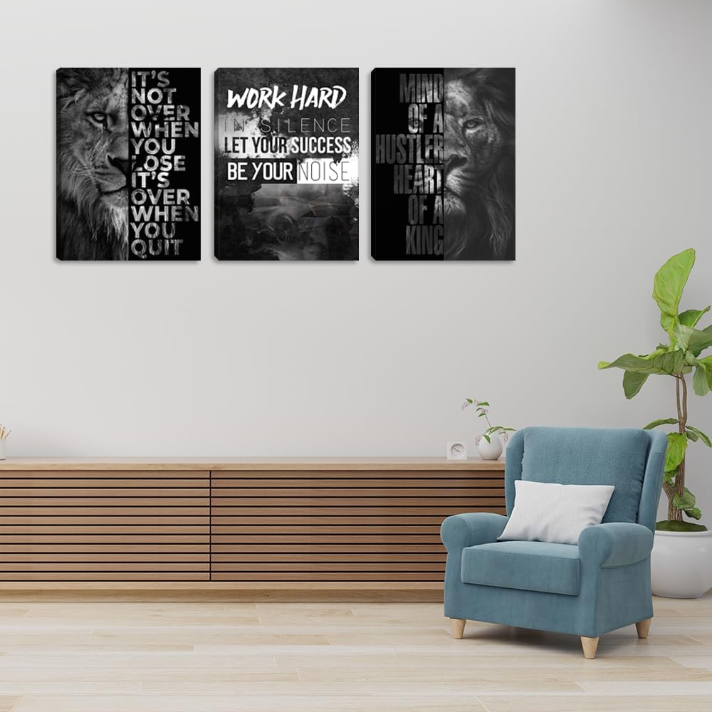 Large Motivational Canvas Wall Art 3 Pieces Lion Poster Inspirational Positive Wall Art Quotes Success Canvas Picture Print Artwork Framed for Home Office Room Gym Workplace Wall Decor (72''Wx 36''H)