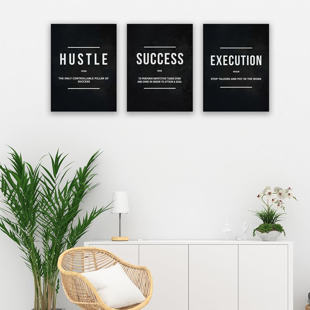 Inspirational Wall Poster Hustle Poster Success Goal Artwork Entrepreneur Quote Painting Motivational Office Wall Decor Art for Bedroom Living Room Home Decoration Framed 20inch x28inch x3pieces