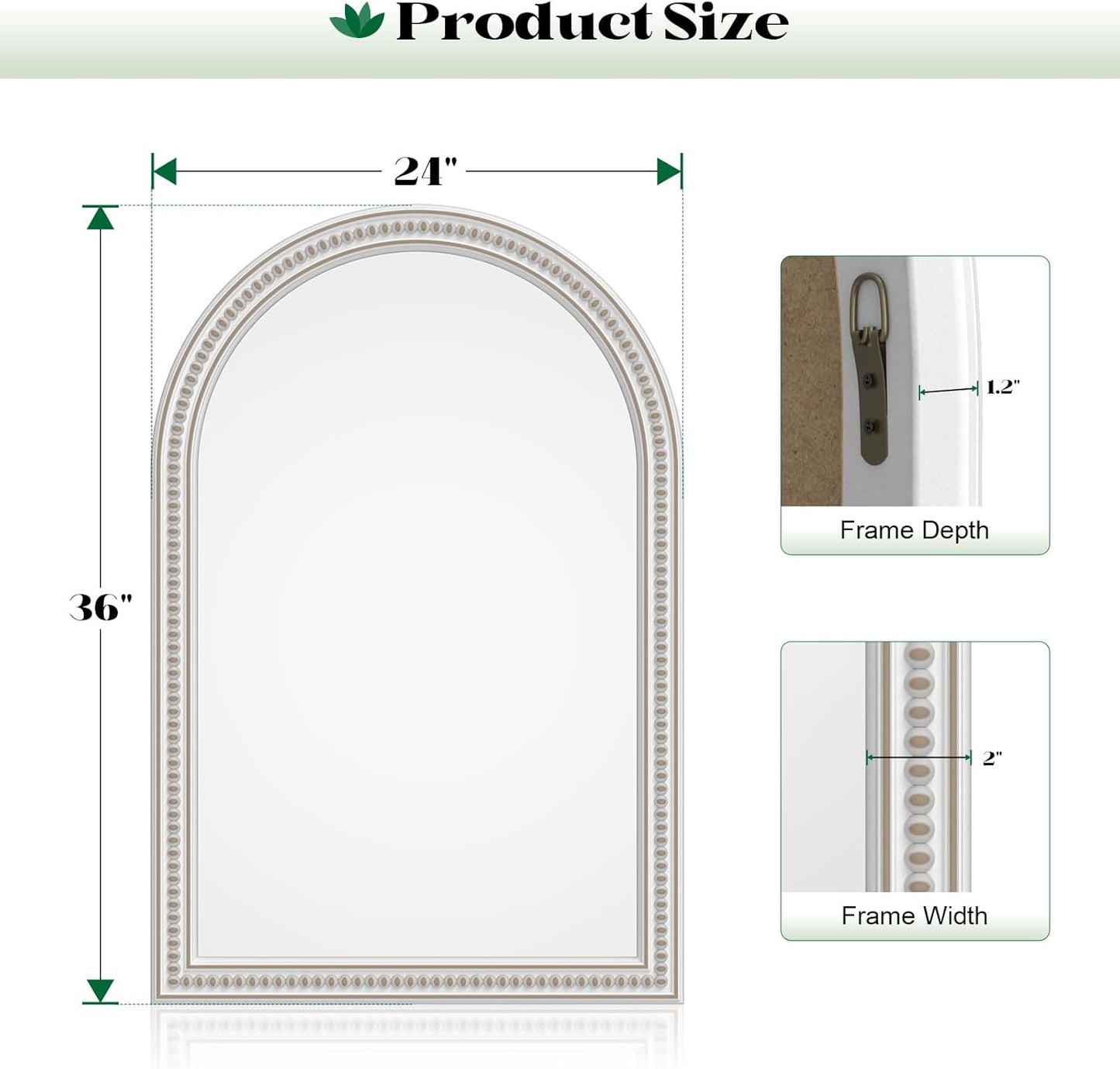 Farmhouse Mirror for Wall, 24" x 36" Arched Boho Mirror with Beaded, Arch Rustic Wooden Frame Decorative Wall Mirrors for Bathroom, Vanity, Living Room, Entryway