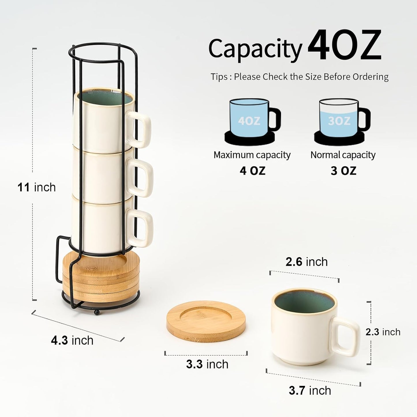 LUKA Porcelain Stackable Espresso Cups with Saucers and Metal Stand, 4 Ounce Small Ceramic Demitasse Cups Set for Latte, Specialty Coffee Drinks, Cafe Mocha,Tea - Set of 4, White Green Interior