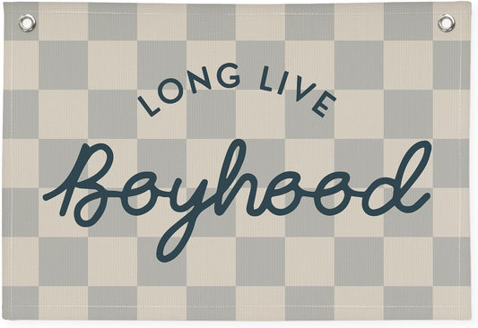 Long Live Boyhood Linen Banner，Vintage Nursery Checkered Flag Boys Room Decor，Decor Nursery Playroom Wall Decor for Kids Bedroom Dorm,Toddler Decorations Trendy Room Decor,Gifts for Teen boyroom