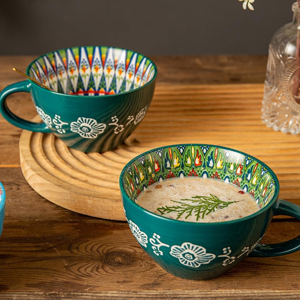 Bohemian Hand-Painted Ceramic Mug, 15 Oz Large Coffee Cup for Milk, Tea, and Breakfast, Dishwasher & Microwave Safe Artisan Cup, Green-J