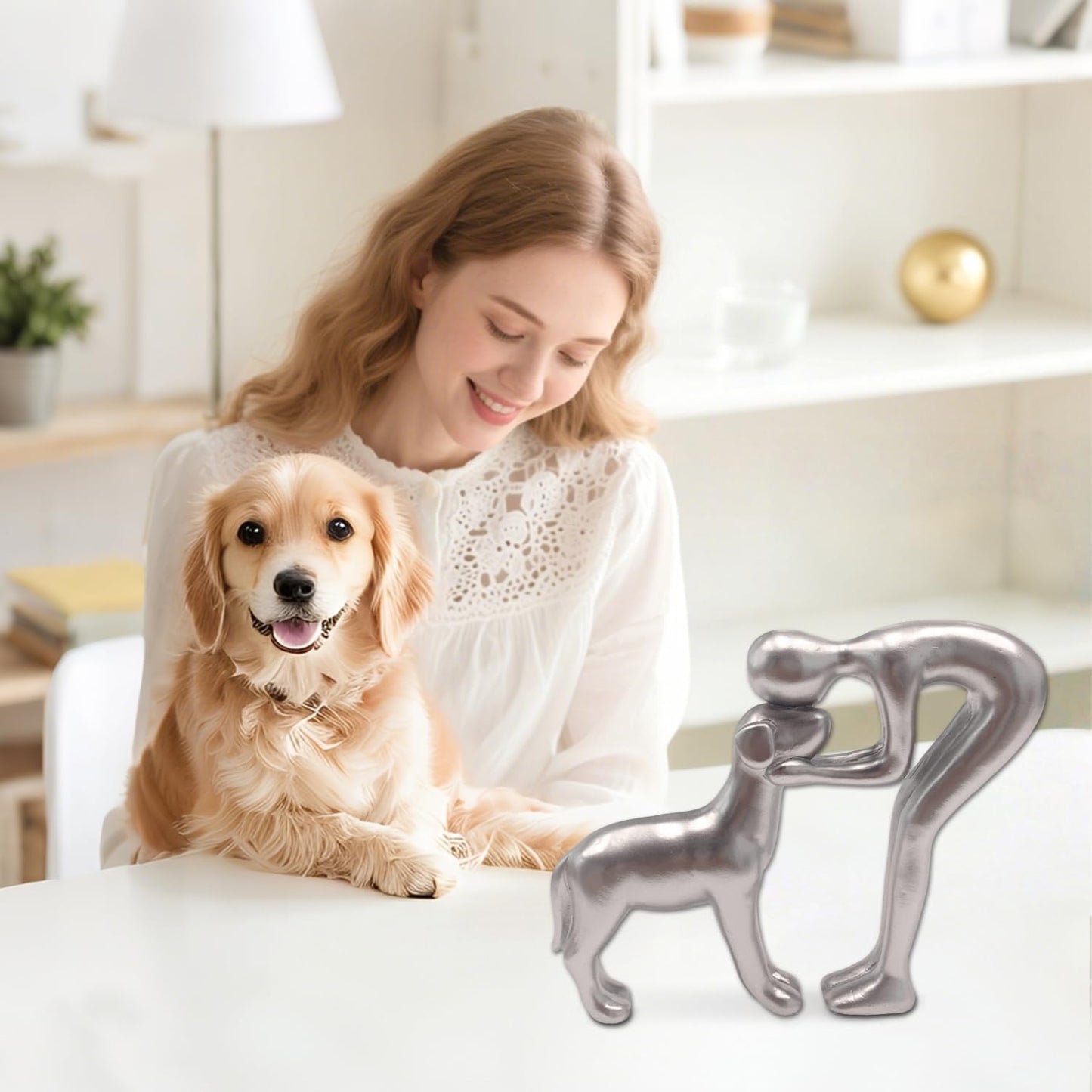 Dog Statues Home Decor Funny Man and Dog Sculpture Decorations for Home Bedroom Living Room Tabletop Bookshelf, Hand-Painted Resin Dogs Memorial Gifts Figurines for Pet Lovers, Silver