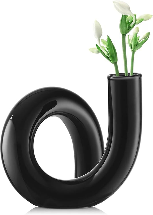 Joeyan Handmade Small Black Glass Flower Vase,Decorative Geometric Glass Bud Vase for Modern Home Centerpieces Living Room Office,4.72" Abstract Vase for Single Flower and Dry Flowers