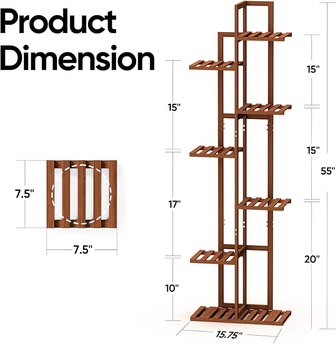 ROSSNY 55 Inch Tall Plant Stand Indoor, 7 Tier 8 Potted Bamboo Plant Stands for Indoor Plants, Corner Plant Stand, Tiered Plant Stands, Plant Shelf For Indoor, Planter Holder for Multiple Plants Indoor, Brown