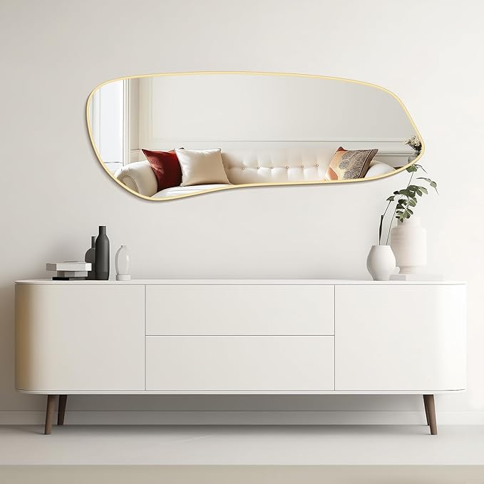 WallBeyond Irregular Wall Mirror, Asymmetrical Mirror Wall Mounted with Gold Framed for Living Room, Bathroom, Bedroom, Entryway Wall Decor, 46"×18", Gold