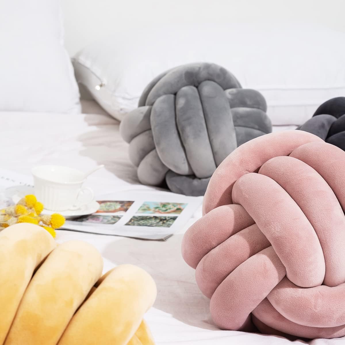 Knot Pillow Ball, Handmade Decorative Throw Pillow, Soft Round Knotted Cushion for Couch & Bedroom, Cute Home Decor, Braided Pillow for Living Room (13.8 Inches, Teal)