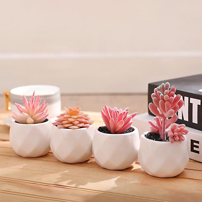 Tiita Artificial Faux Succulents in Pots, Pink Fake Plants Ceramic Arrangement Planter for Women Desk Small Mini Tiny Decoration for Home Office Desk Window 4 Set, Pink