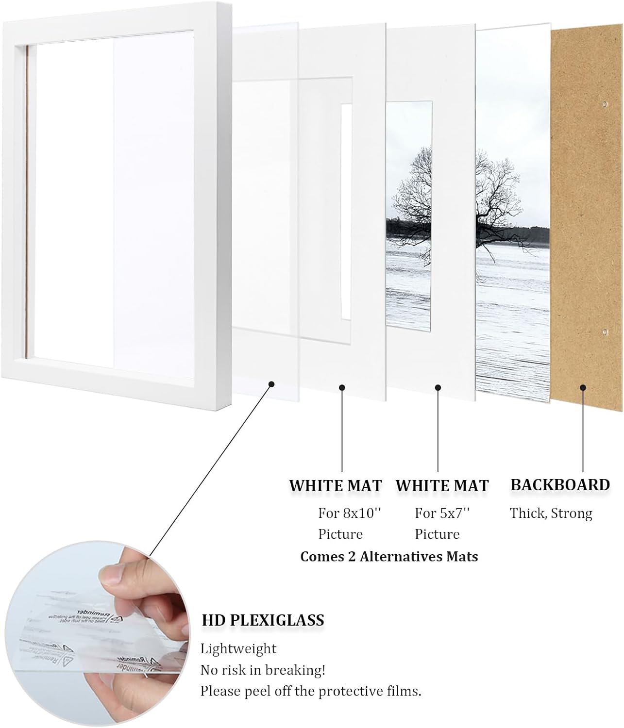 Egofine 11x14 Picture Frames Set of 4, Made of Solid Wood Covered by Plexiglass 5x7 and 8x10 with Mat or 11x14 without Mat, for Table Top Display and Wall Mounting Photo Frame White
