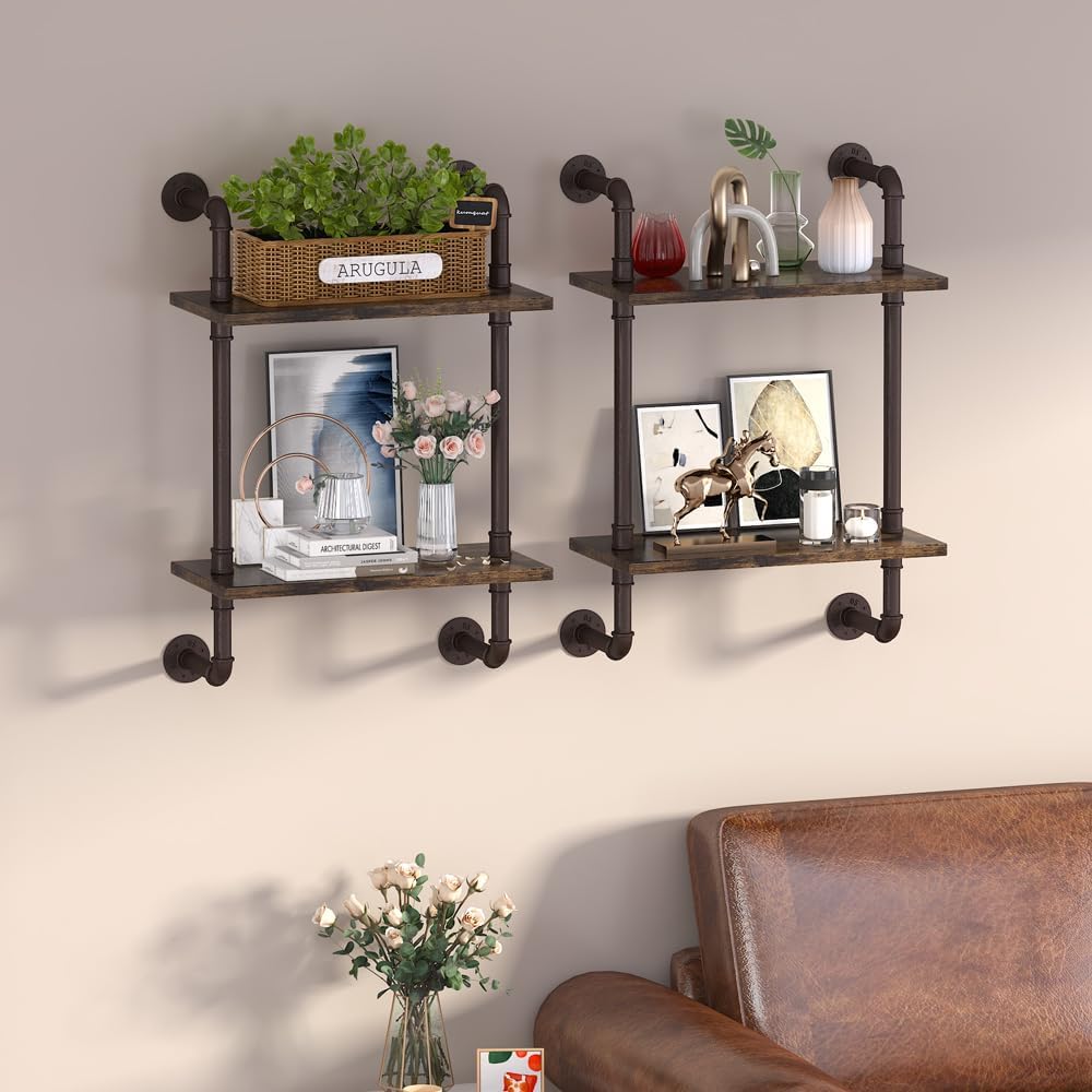 Helsin 2 Tier Industrial Pipe Floating Bathroom Shelves, 16inch Rustic Wood Wall Mounted Shelf, Storage Rack Sundries Holder for Kitchen Office Bathroom Organization & Home Décor