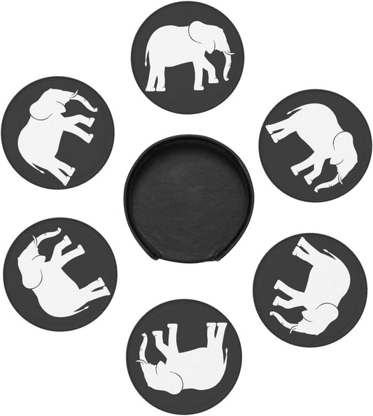 Black and White Elephant Leather Drink Coasters Set of 6 with Holder Round Cup Coaster for Table Decor